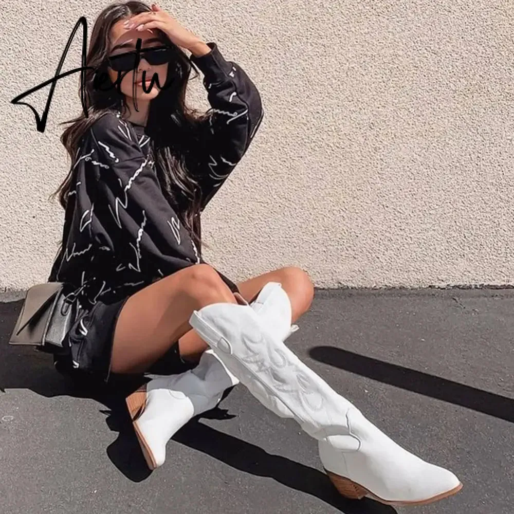 Brand New Big Size 45 Female Western mid calf Boots Chunky Heels Slip On Autumn Winter Cowboy Boots Women Retro Shoes For Woman