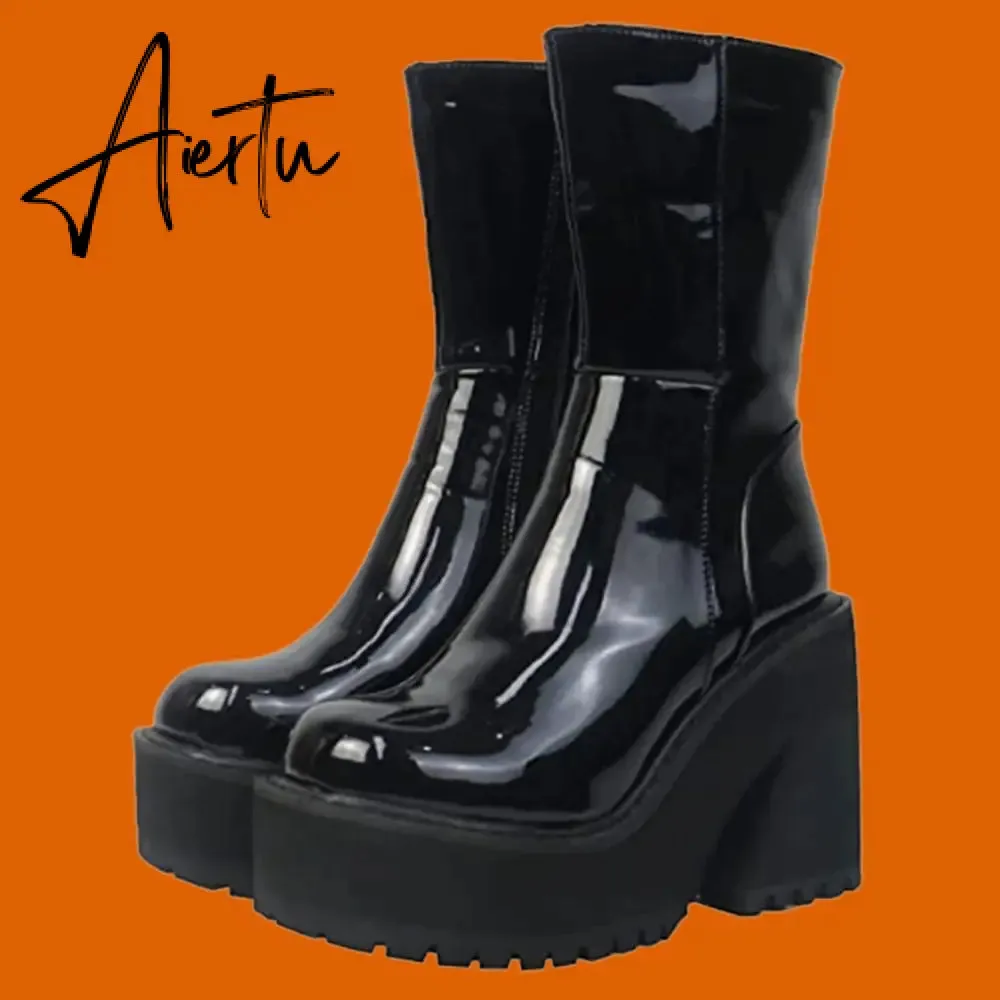 Brand New Design Autumn Winter Knee High Boots Gothic Punk Motorcycle Boots Women Platform Chunky High Heels Shoes For Woman