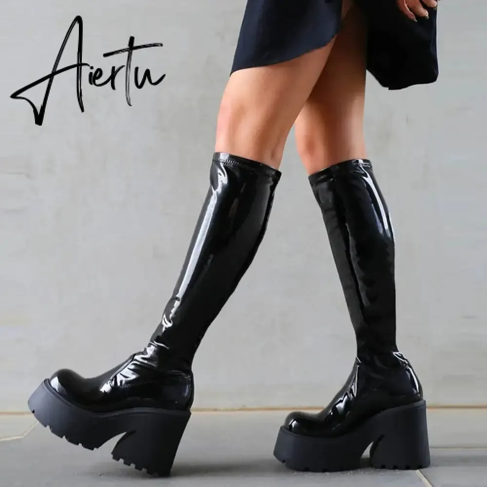 Brand New Design Autumn Winter Knee High Boots Gothic Punk Motorcycle Boots Women Platform Chunky High Heels Shoes For Woman