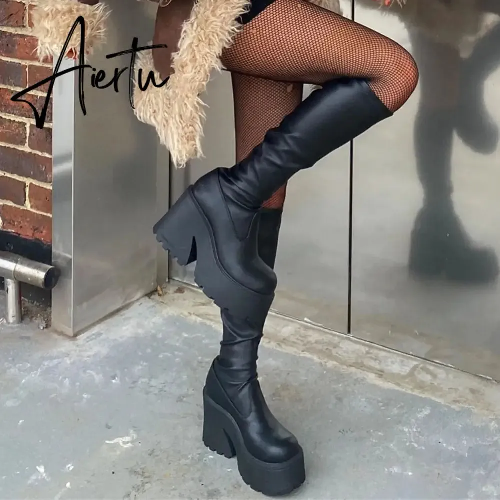 Brand New Design Autumn Winter Knee High Boots Gothic Punk Motorcycle Boots Women Platform Chunky High Heels Shoes For Woman