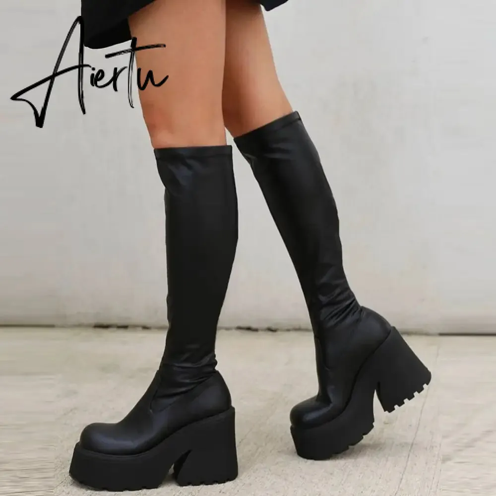 Brand New Design Autumn Winter Knee High Boots Gothic Punk Motorcycle Boots Women Platform Chunky High Heels Shoes For Woman