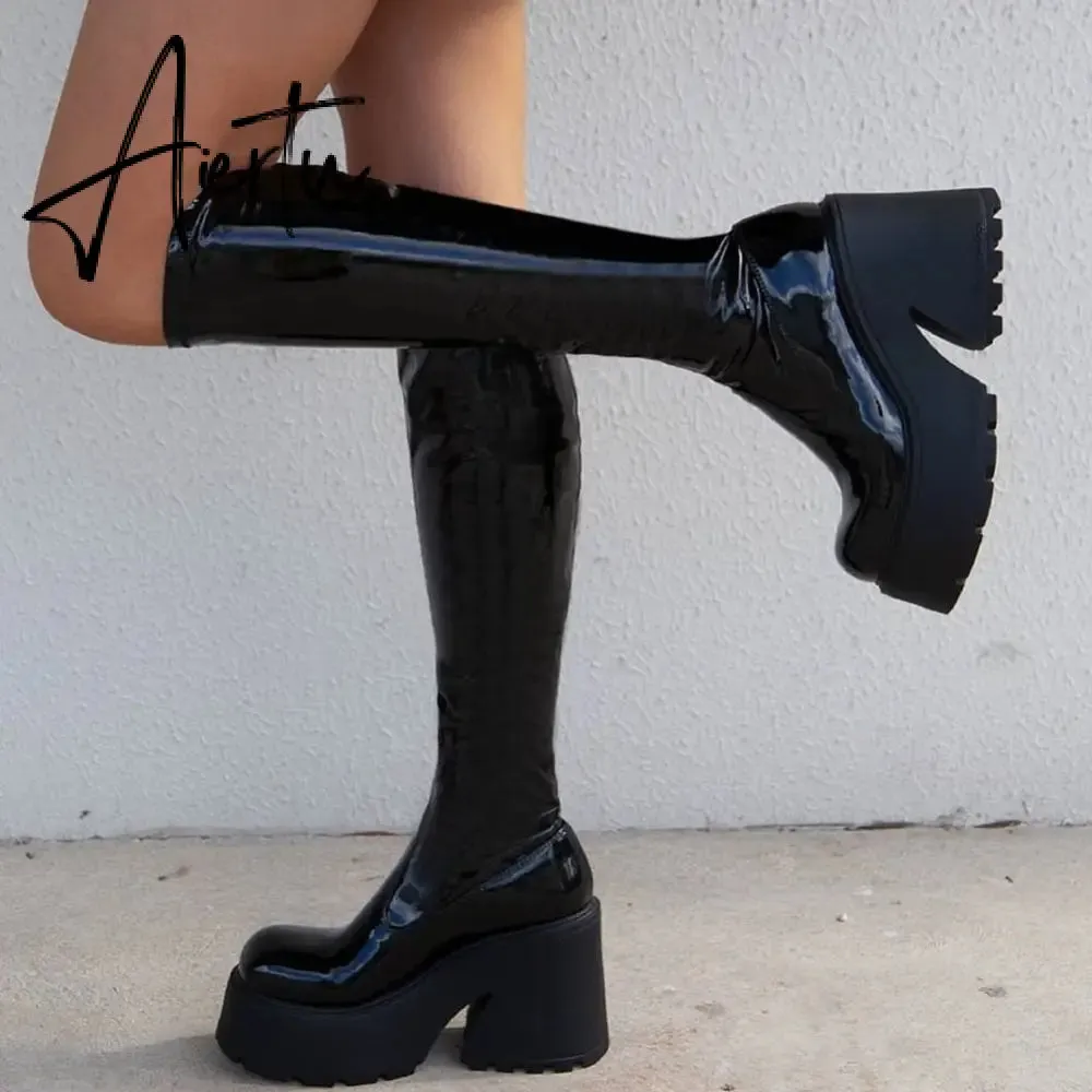 Brand New Design Autumn Winter Knee High Boots Gothic Punk Motorcycle Boots Women Platform Chunky High Heels Shoes For Woman