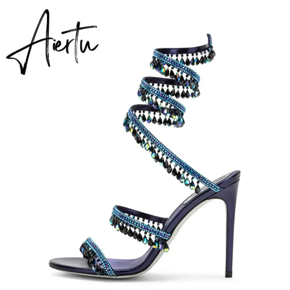 Brand Women's Serpentine Winding Tape Crystal Sandals High Heel Ankle Snake-shaped Lace-ups Sexy Rhinestone Woman's Shoes 34-43