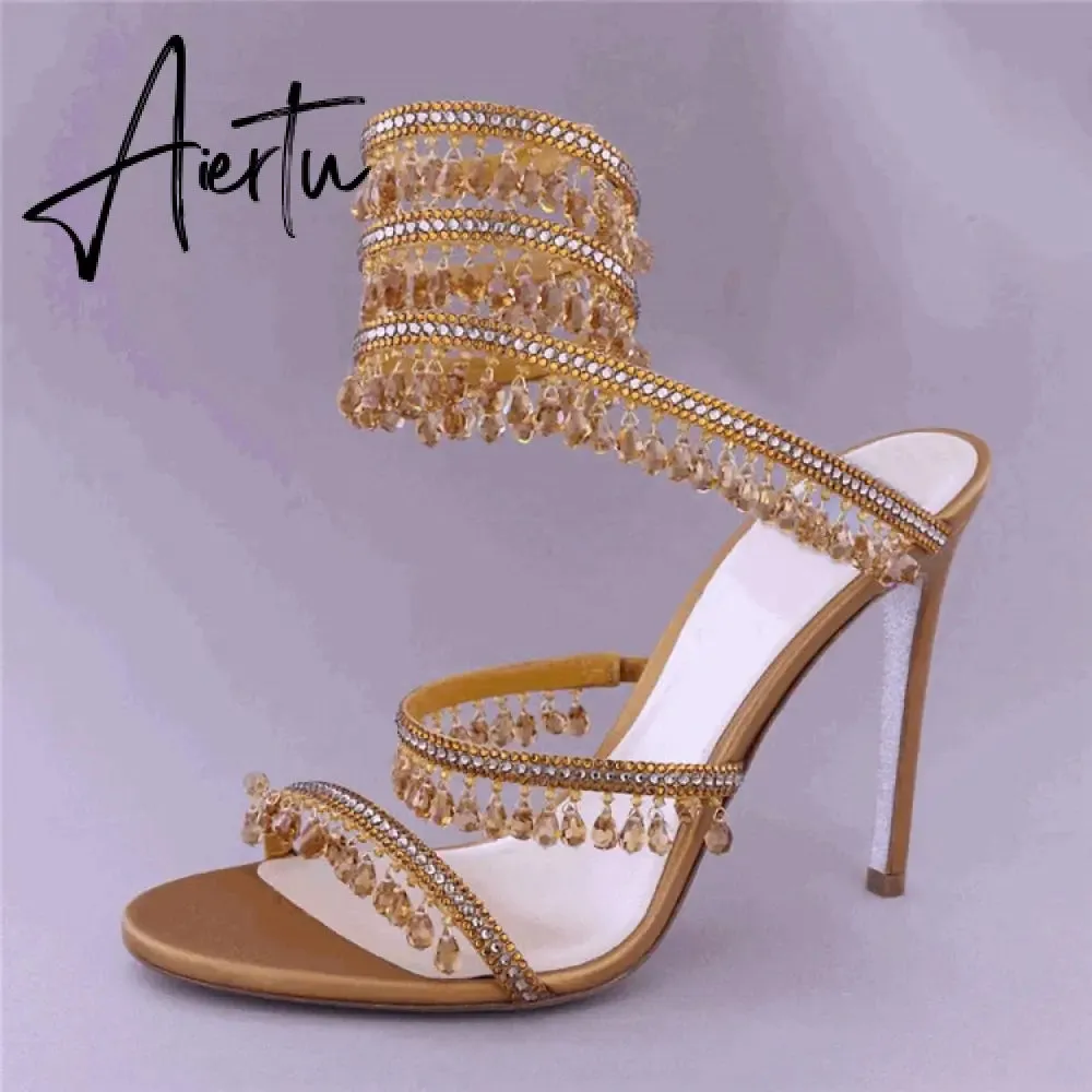 Brand Women's Serpentine Winding Tape Crystal Sandals High Heel Ankle Snake-shaped Lace-ups Sexy Rhinestone Woman's Shoes 34-43