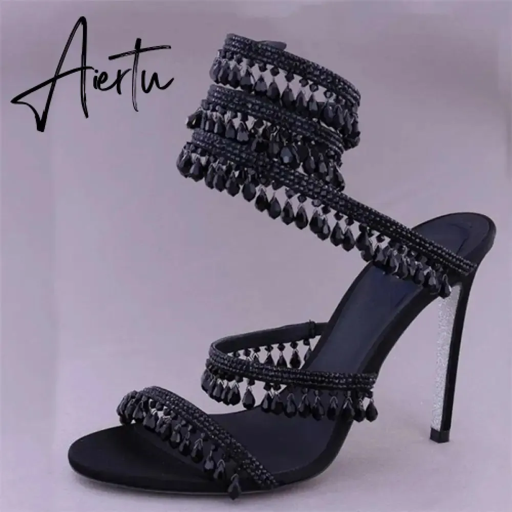 Brand Women's Serpentine Winding Tape Crystal Sandals High Heel Ankle Snake-shaped Lace-ups Sexy Rhinestone Woman's Shoes 34-43