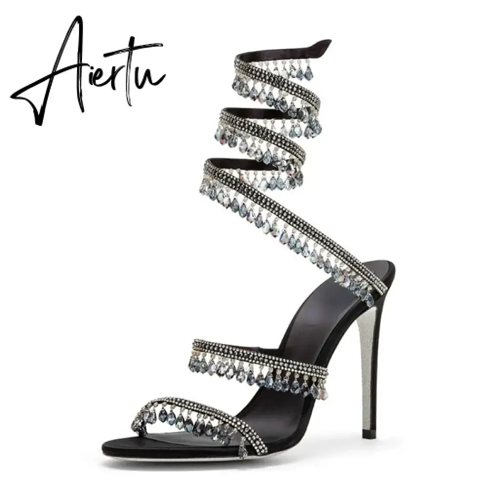 Brand Women's Serpentine Winding Tape Crystal Sandals High Heel Ankle Snake-shaped Lace-ups Sexy Rhinestone Woman's Shoes 34-43