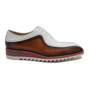 Carrucci Mens Cognac Brown & White Two-Tone Oxford Leather Dress Shoes