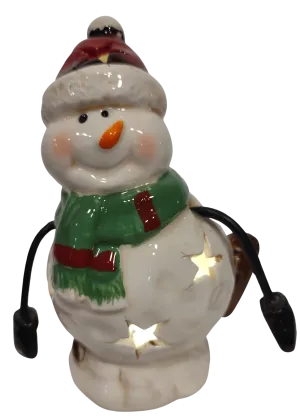 Ceramic Snowman with Red Hat/Green Scarf/Skates 6" Lights Up