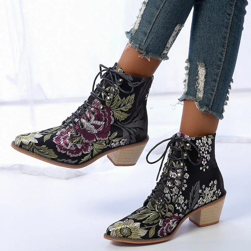 Christmas Gift 2022 Women's Shoes Fashion Boots Women Ankle Boots  Chinese Style Embroidered Flowers  Boots Fortune Flower Women Boots