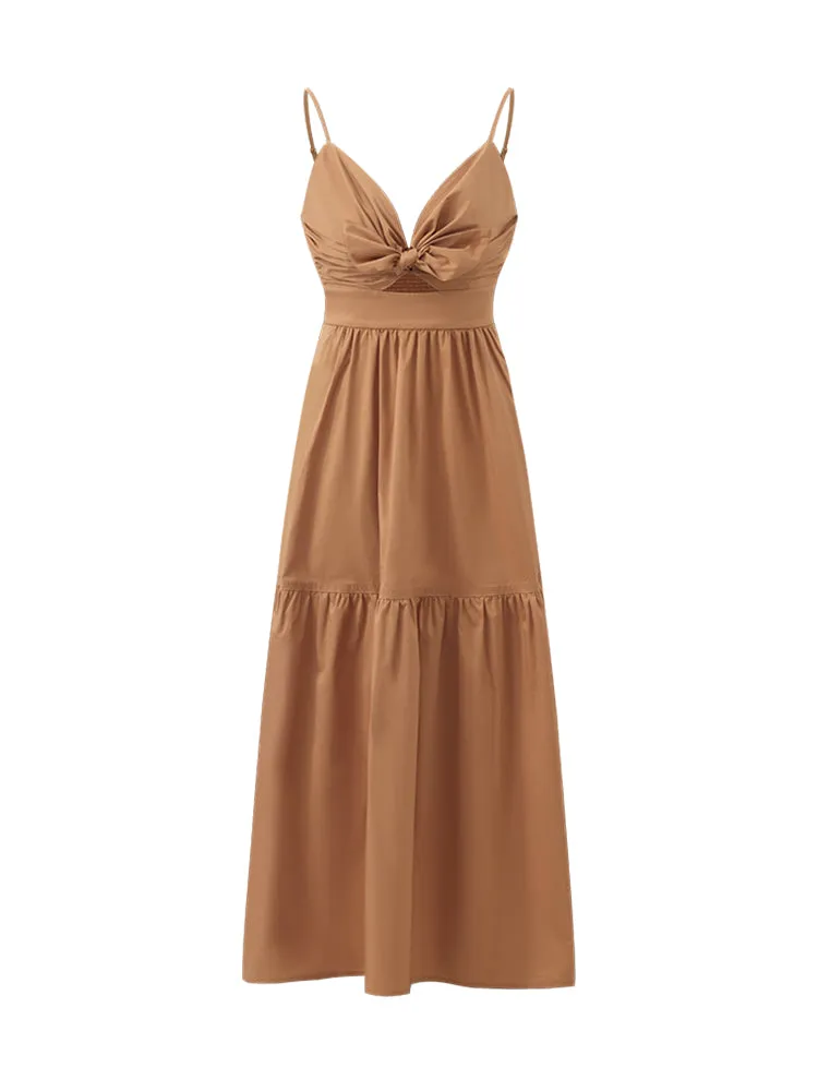 Cotton Spaghetti Strap Bowknot Tied Maxi Dress