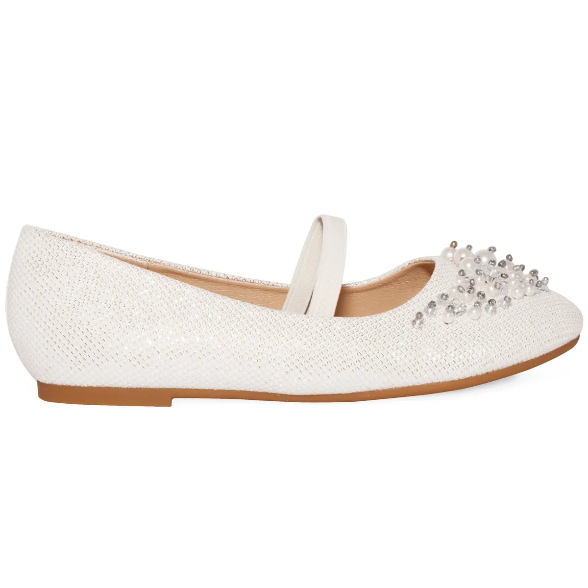 DAHLIA KIDS PEARL & DIAMANTE EMBELLISHED FLATFORM SHOES IN WHITE