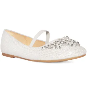 DAHLIA KIDS PEARL & DIAMANTE EMBELLISHED FLATFORM SHOES IN WHITE