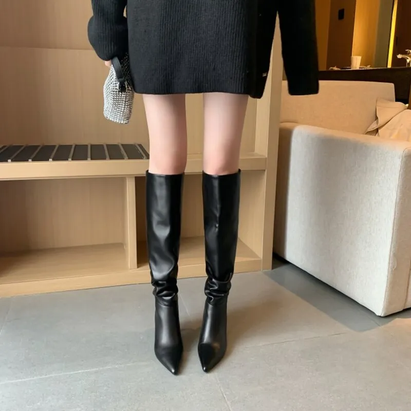 deanwangkt Autumn Boots     NEW Fall Shoes Women Pointed Toe Stiletto Leather Boots for Women INS Fashion Knee-high Boots Solid Pleated High Heel Boots