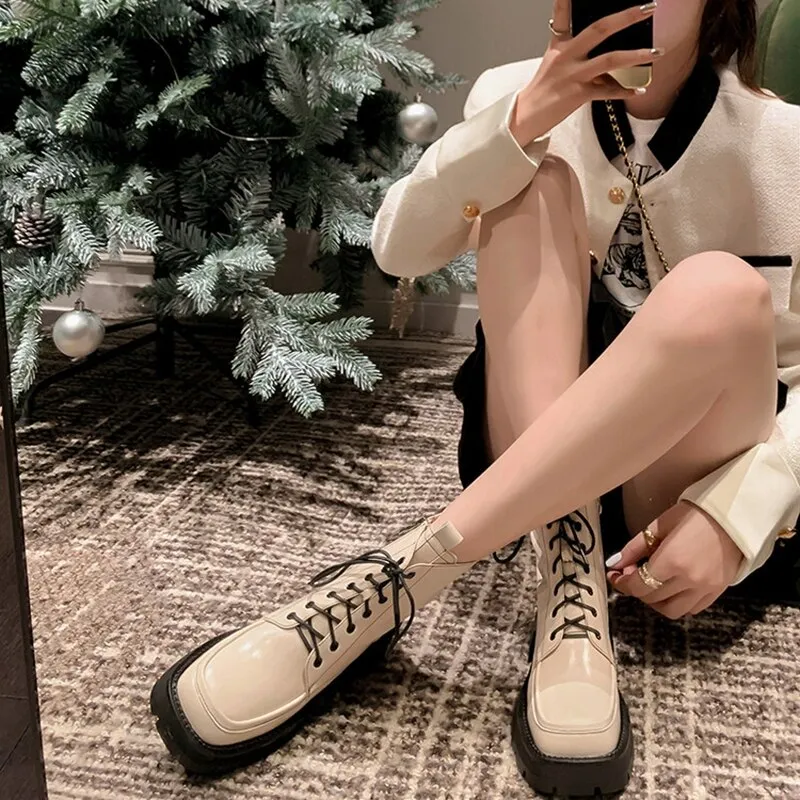 deanwangkt Autumn Boots   NEW Fall Shoes Women Split Leather Boots Square Toe Chunky Heel Women Boots Winter Solid Platform Boots for Women botas de mujer