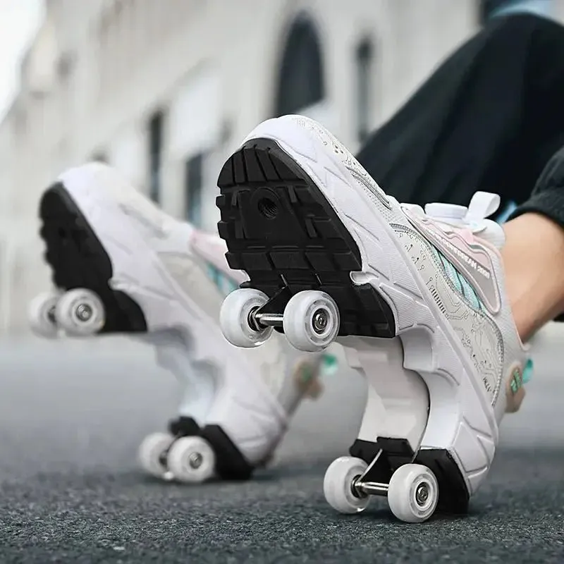 Deformation Roller Skates Shoes Double Row 4-Wheel Skates Roller Shoes with Wheels Dual-Purpose Roller Sneakers Skateboard Shoes