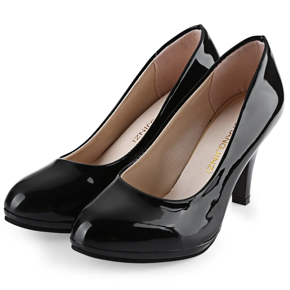 Elegant Ladies Solid Color Shallow Mouth Round Toe Patent Leather Thick High Heel Shoes