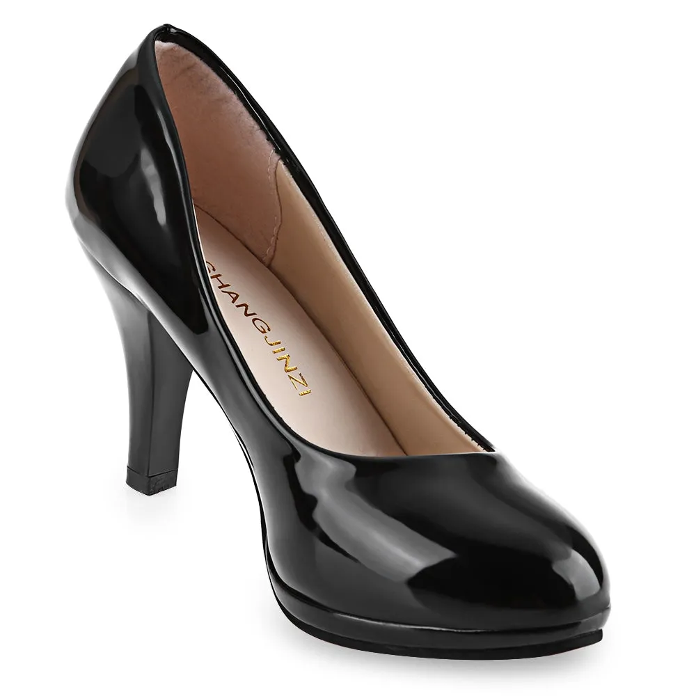 Elegant Ladies Solid Color Shallow Mouth Round Toe Patent Leather Thick High Heel Shoes