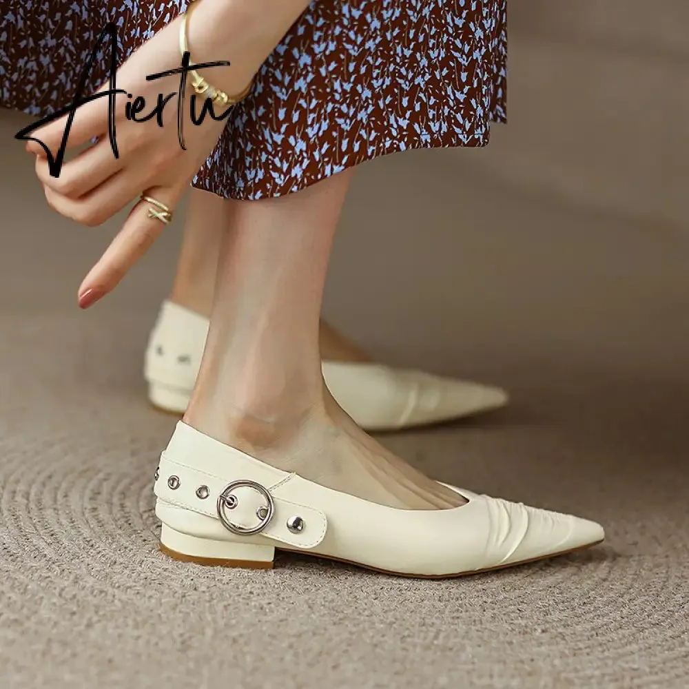 Genuine Leather Mary Jane Women's Shoes Fashion Retro Buckle Shallow Pumps Pointed Toe Low-heel Handmade Shoes Woman Size 34-40