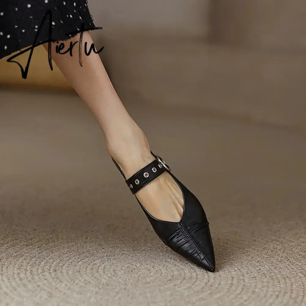 Genuine Leather Mary Jane Women's Shoes Fashion Retro Buckle Shallow Pumps Pointed Toe Low-heel Handmade Shoes Woman Size 34-40