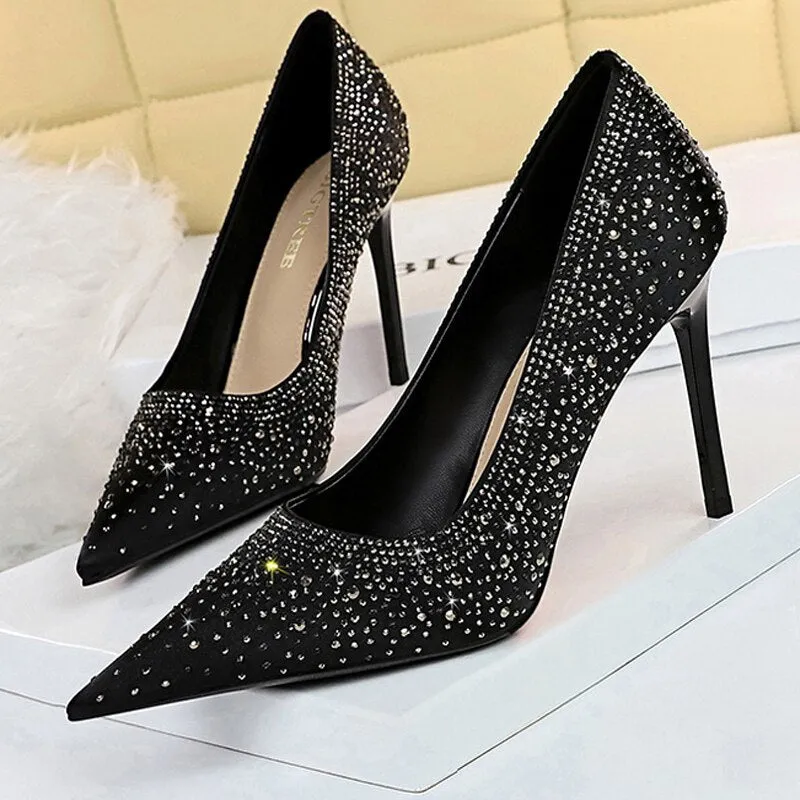 Graduation Gift Shoes Sparkle Rhinestones Women Pumps Luxury High Heels Satin Women Shoes Fashion Wedding Shoes Metal Heel Stiletto 2023