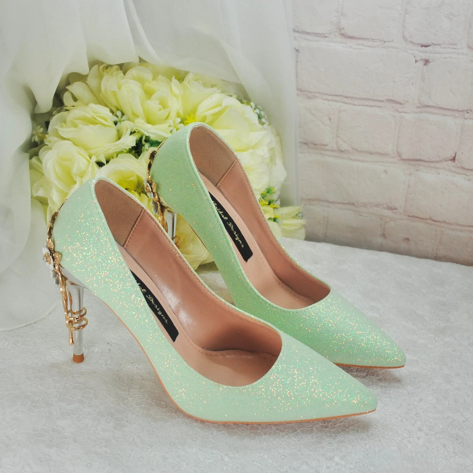 Green Shimmer Heels, Flower Heel Shoes. Size UK6/US8.5