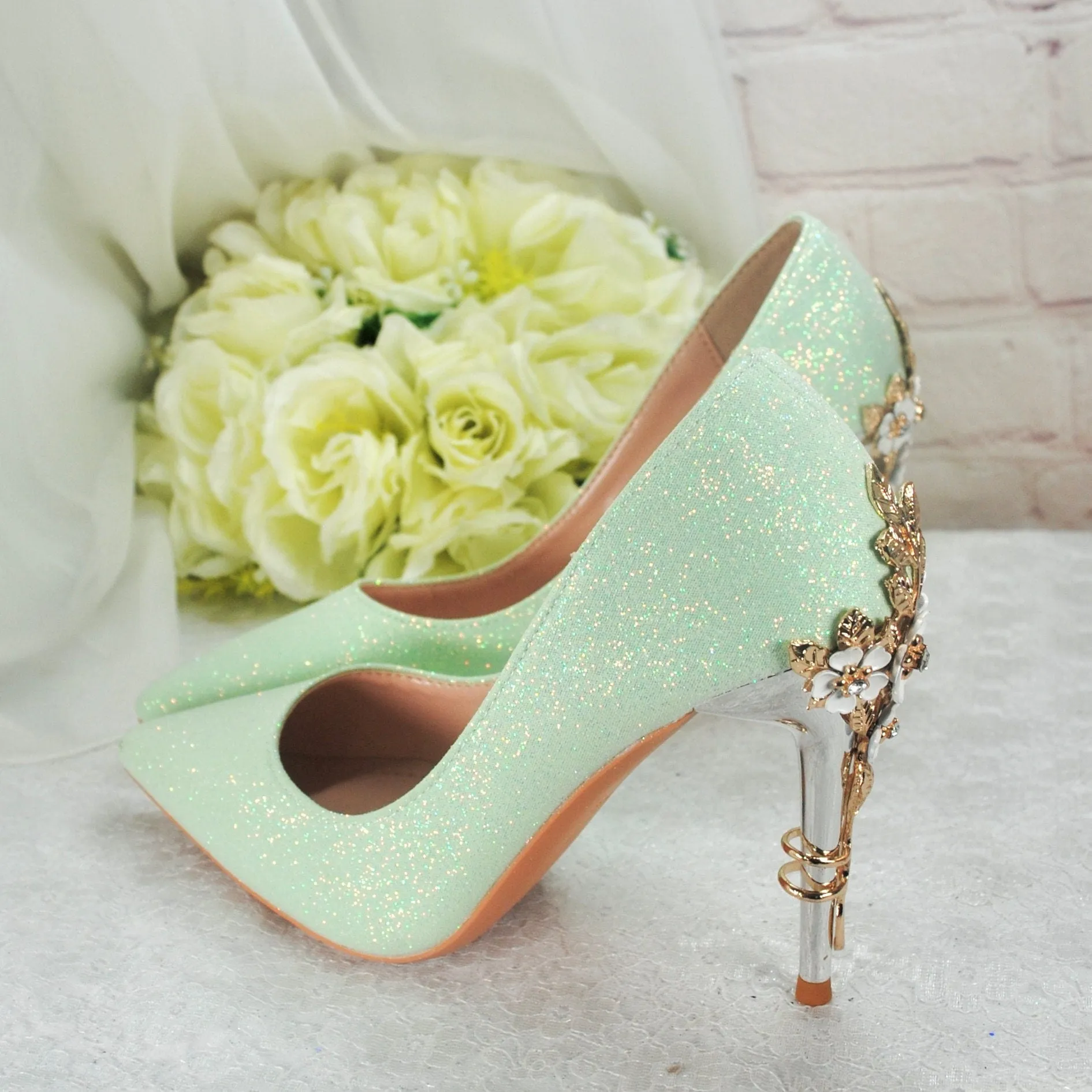 Green Shimmer Heels, Flower Heel Shoes. Size UK6/US8.5