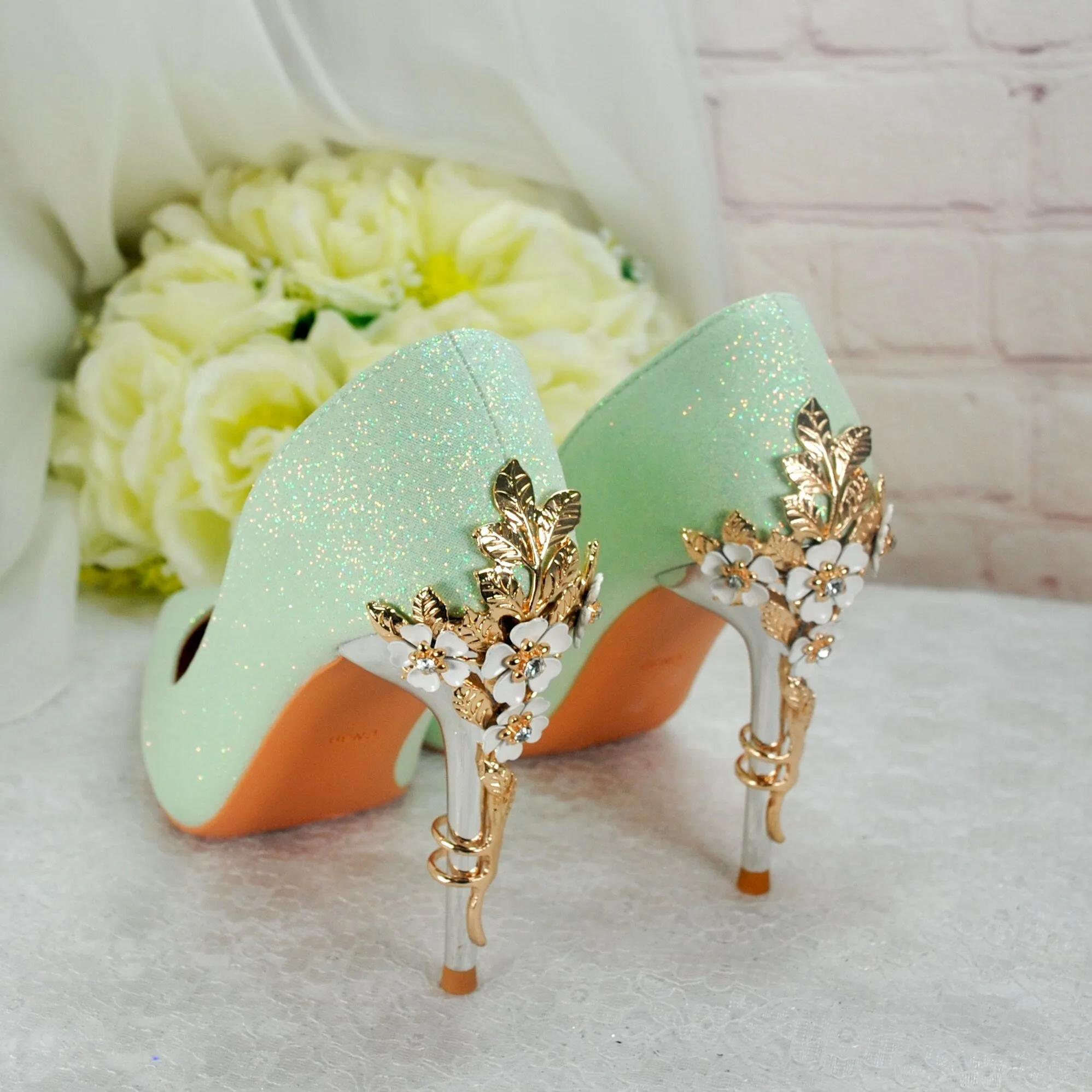 Green Shimmer Heels, Flower Heel Shoes. Size UK6/US8.5