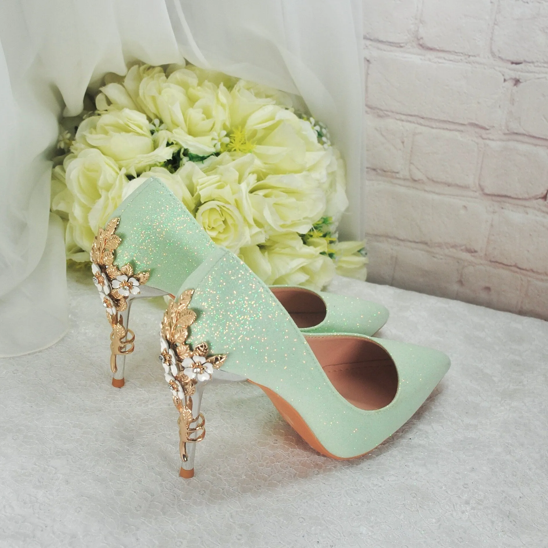 Green Shimmer Heels, Flower Heel Shoes. Size UK6/US8.5