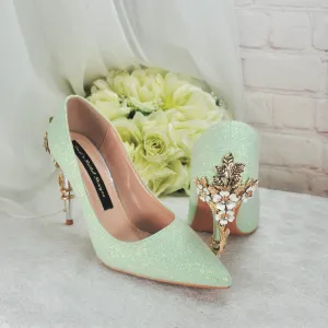 Green Shimmer Heels, Flower Heel Shoes. Size UK6/US8.5