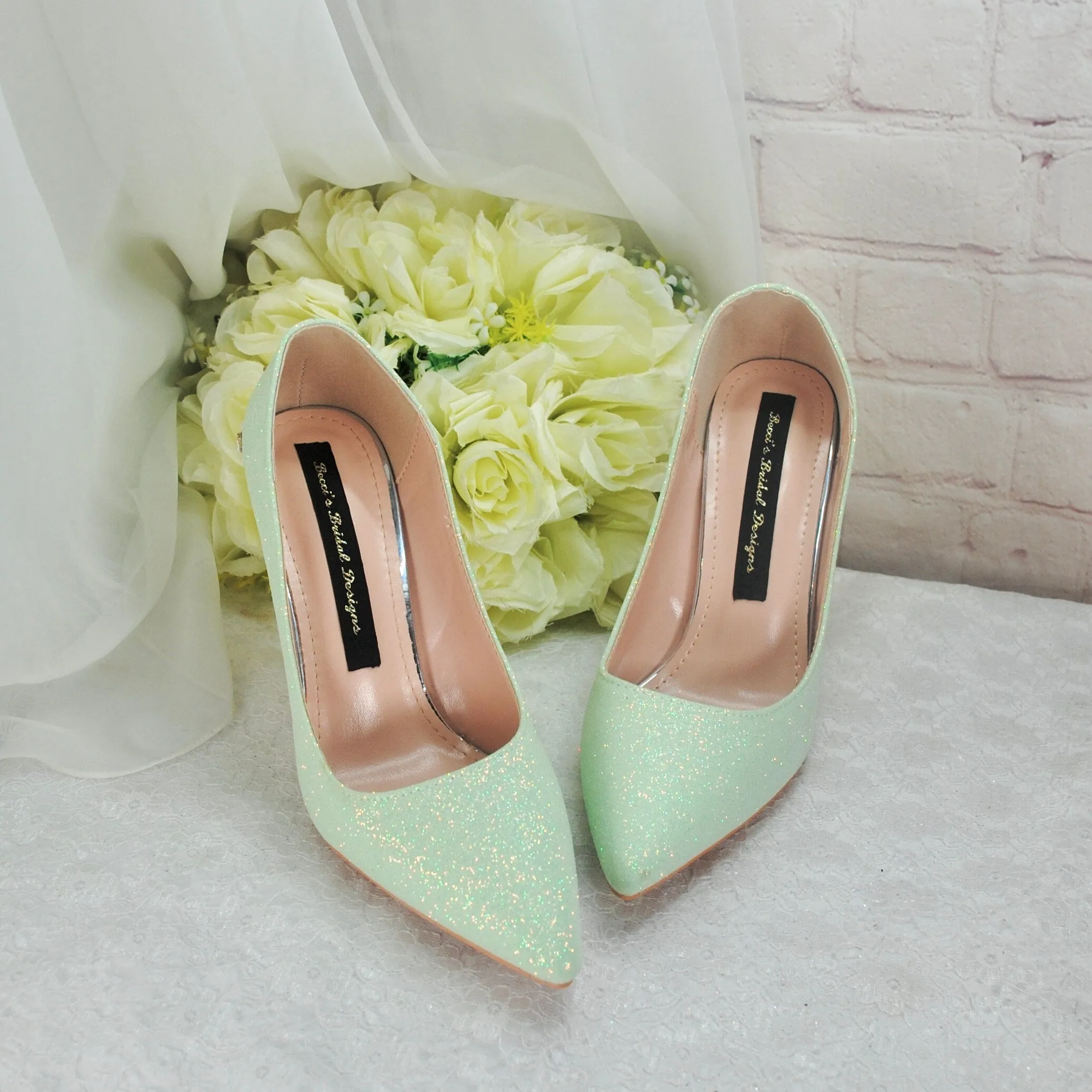 Green Shimmer Heels, Flower Heel Shoes. Size UK6/US8.5