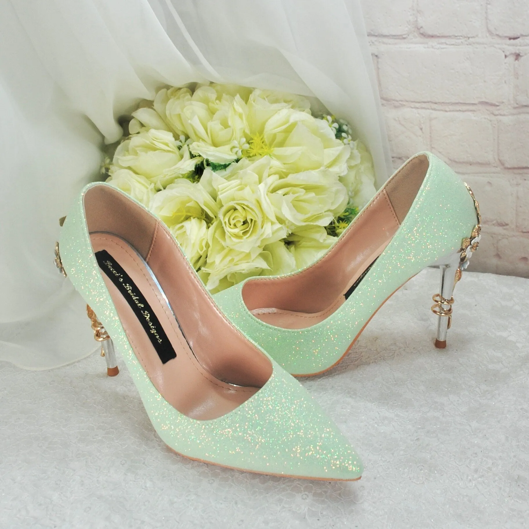 Green Shimmer Heels, Flower Heel Shoes. Size UK6/US8.5