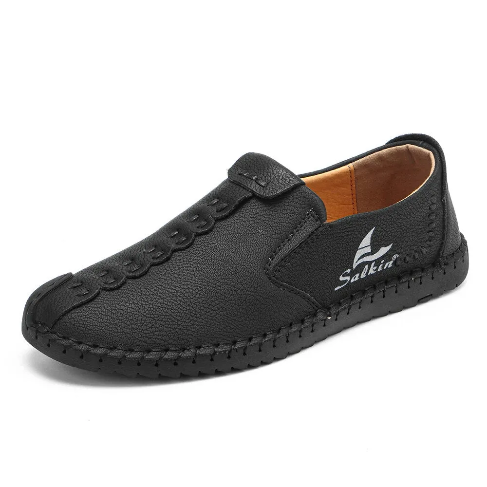 Herren Micfofiber Leder tragbare weiche Sohle Slip-on Hand Nähen flache Schuhe