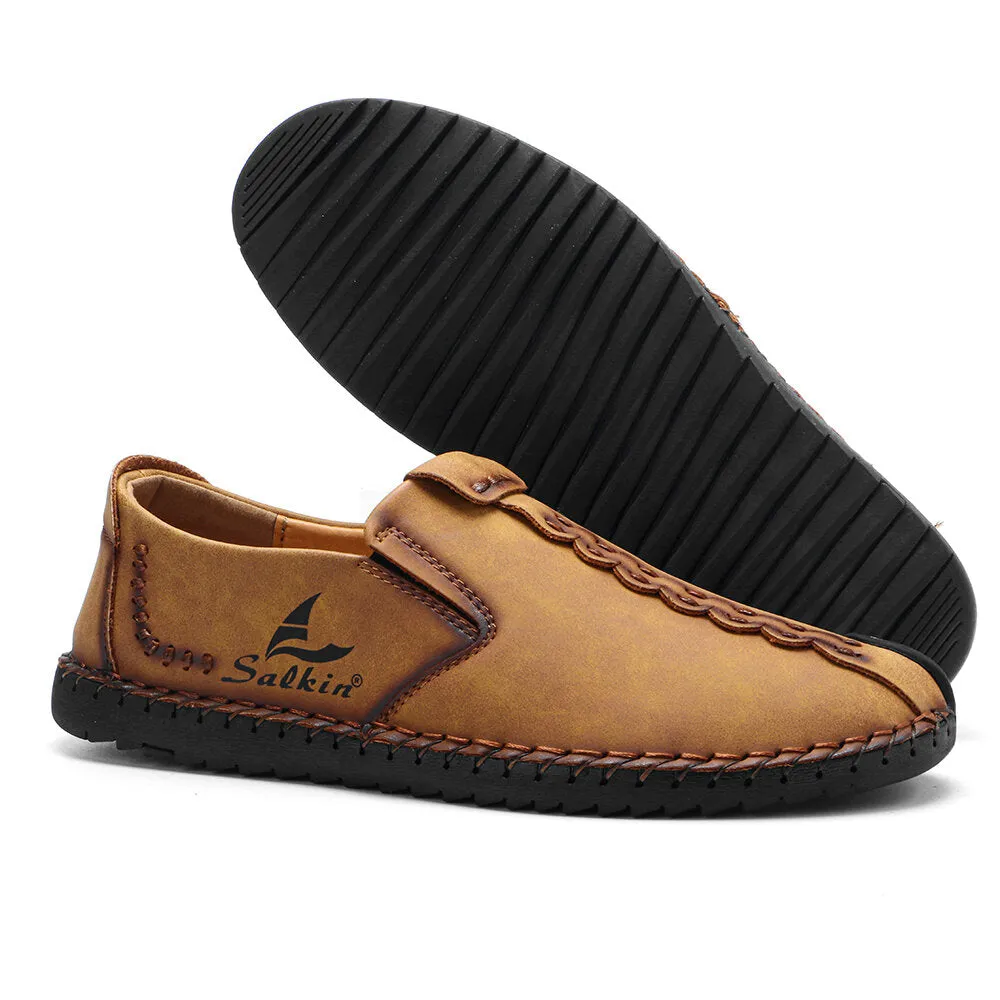 Herren Micfofiber Leder tragbare weiche Sohle Slip-on Hand Nähen flache Schuhe