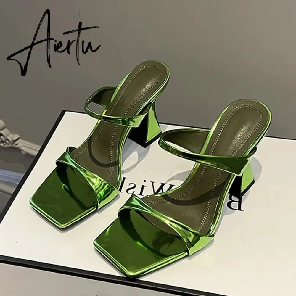 High Quality Green Patent Leather Strange Heels Slippers Sexy Street Woman Square Toe Dress Party Shoes Summer Sandals