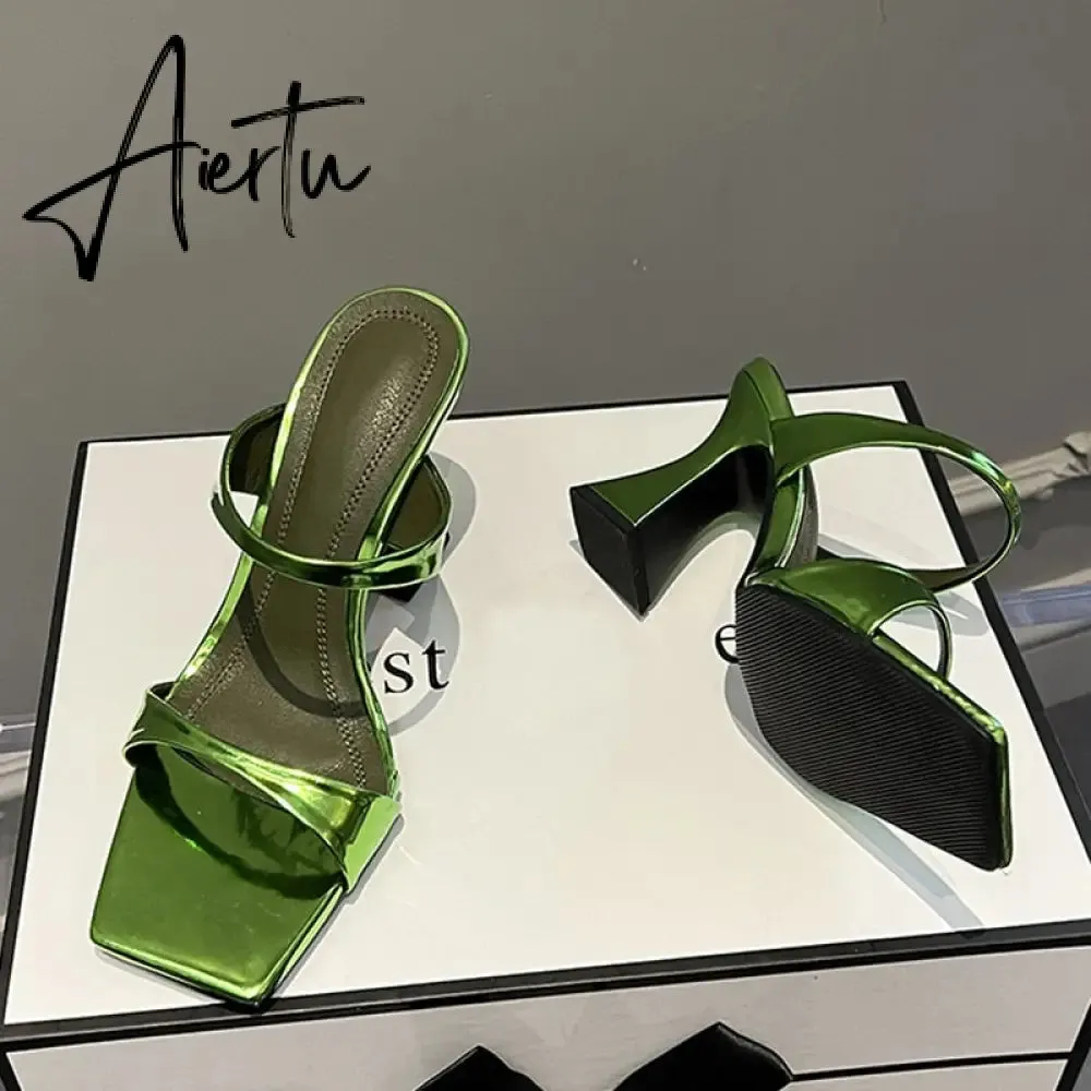 High Quality Green Patent Leather Strange Heels Slippers Sexy Street Woman Square Toe Dress Party Shoes Summer Sandals