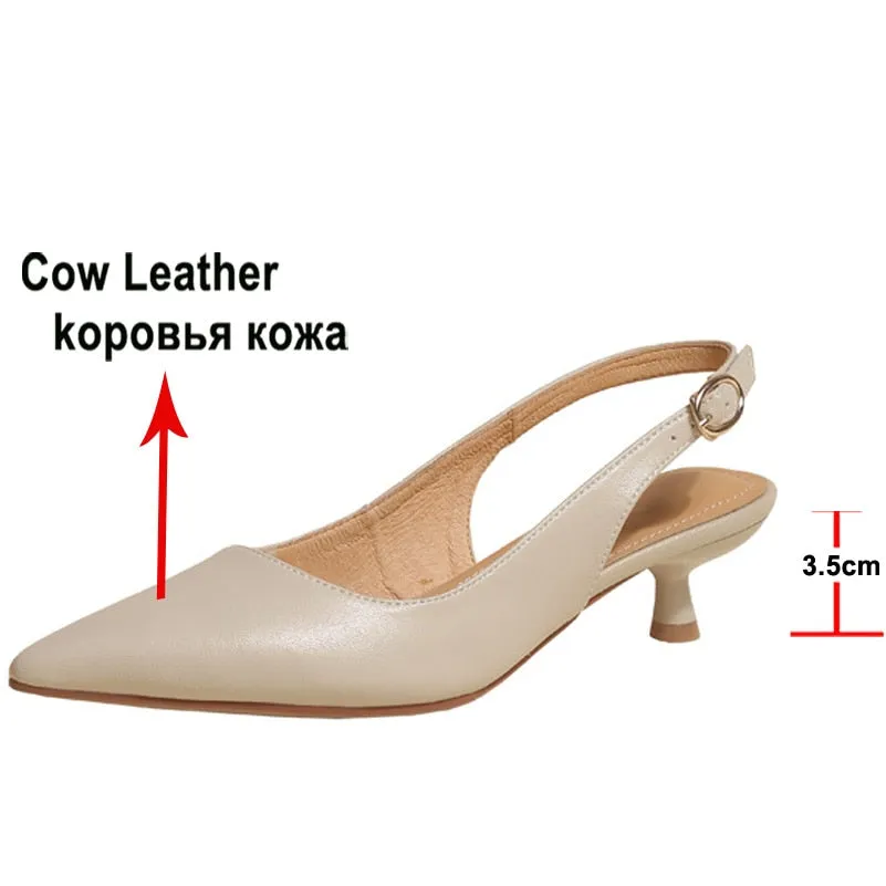 Hnzxzm Genuine Leather Women Slingbacks Shoes Cow Leather Buckle Thin Heels Pumps Pointed Toe Med Heel Ladies Footwear Spring