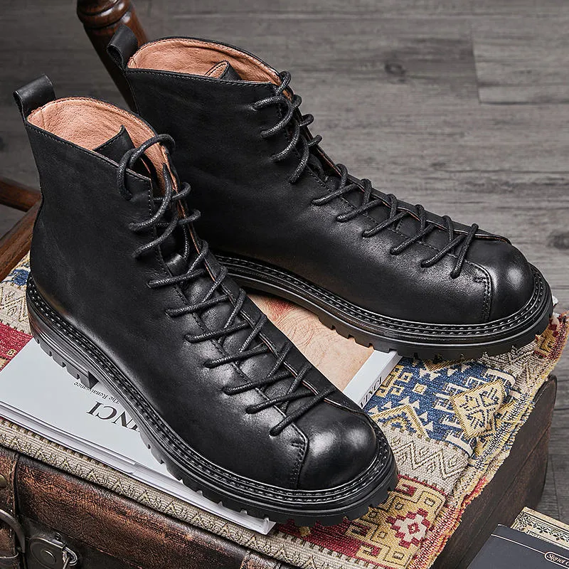 Hnzxzm Men's Genuine Leather Retro Soldiers Comfort Short Boots Trendy Cool Boy Shoes Autumn