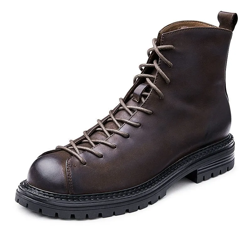 Hnzxzm Men's Genuine Leather Retro Soldiers Comfort Short Boots Trendy Cool Boy Shoes Autumn