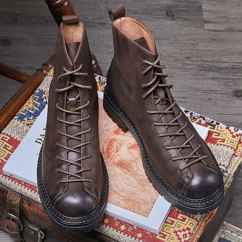 Hnzxzm Men's Genuine Leather Retro Soldiers Comfort Short Boots Trendy Cool Boy Shoes Autumn