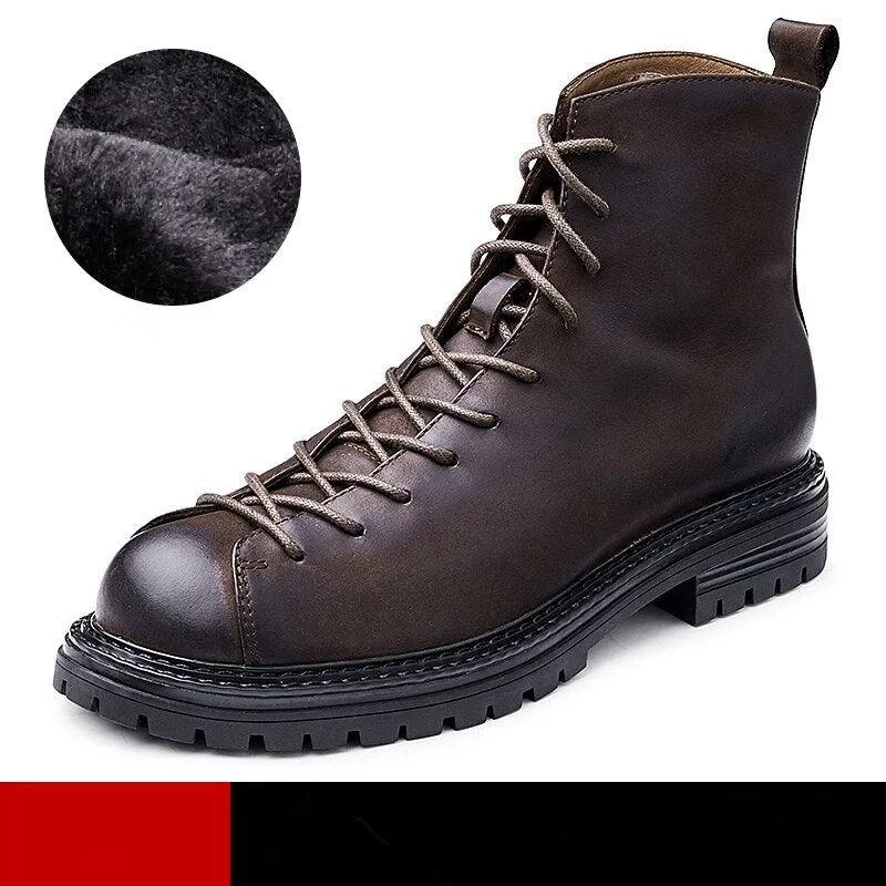 Hnzxzm Men's Genuine Leather Retro Soldiers Comfort Short Boots Trendy Cool Boy Shoes Autumn