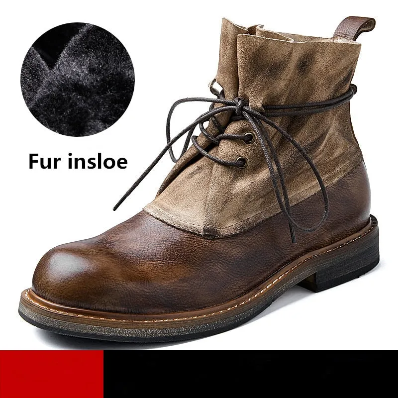 Hnzxzm OH MY GOD! NEW ! Men's Winter Leather Boots Lace Up Warm Fur Cowhide Western Cowboy Mixed Color Desert Shoes Casual