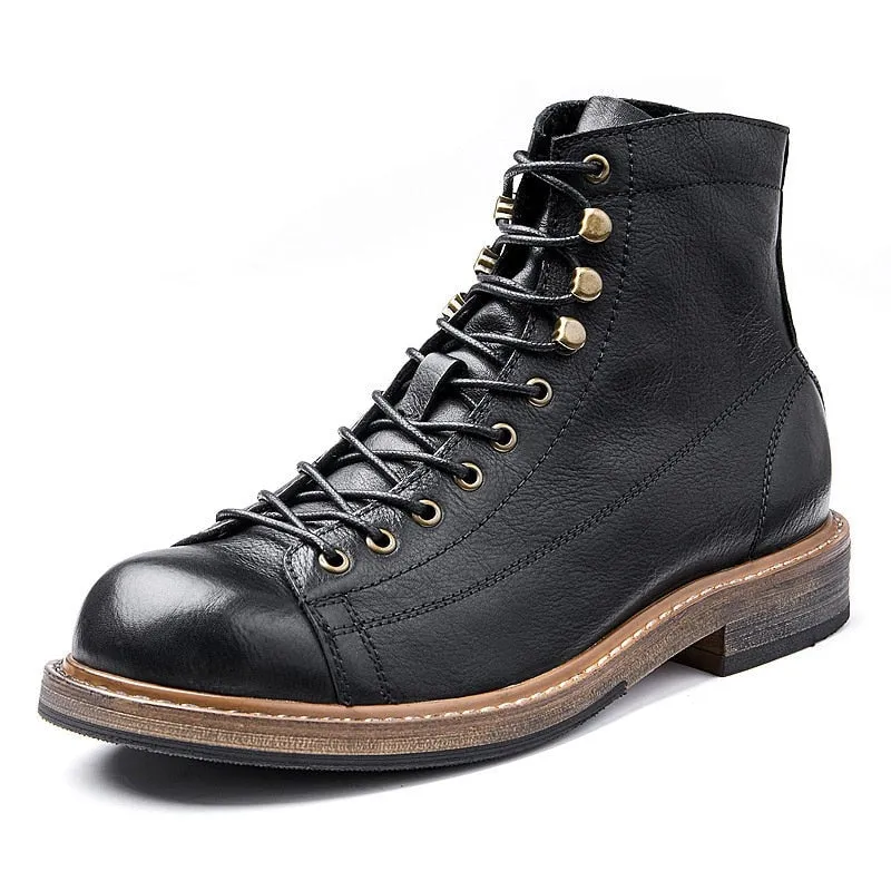 Hnzxzm Retro Big Round Toe Men's Work Boots British Style Cool Leather Lace Up Man Autumn Winter Casual Shoes