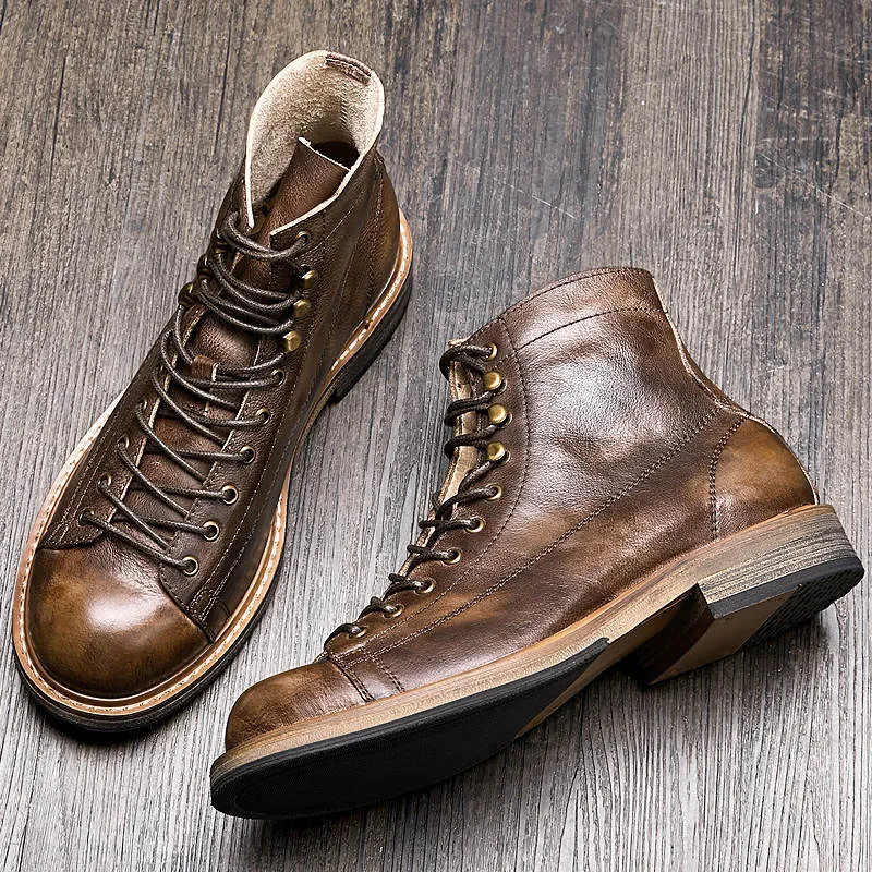 Hnzxzm Retro Big Round Toe Men's Work Boots British Style Cool Leather Lace Up Man Autumn Winter Casual Shoes