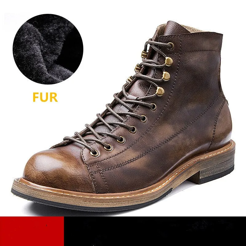 Hnzxzm Retro Big Round Toe Men's Work Boots British Style Cool Leather Lace Up Man Autumn Winter Casual Shoes