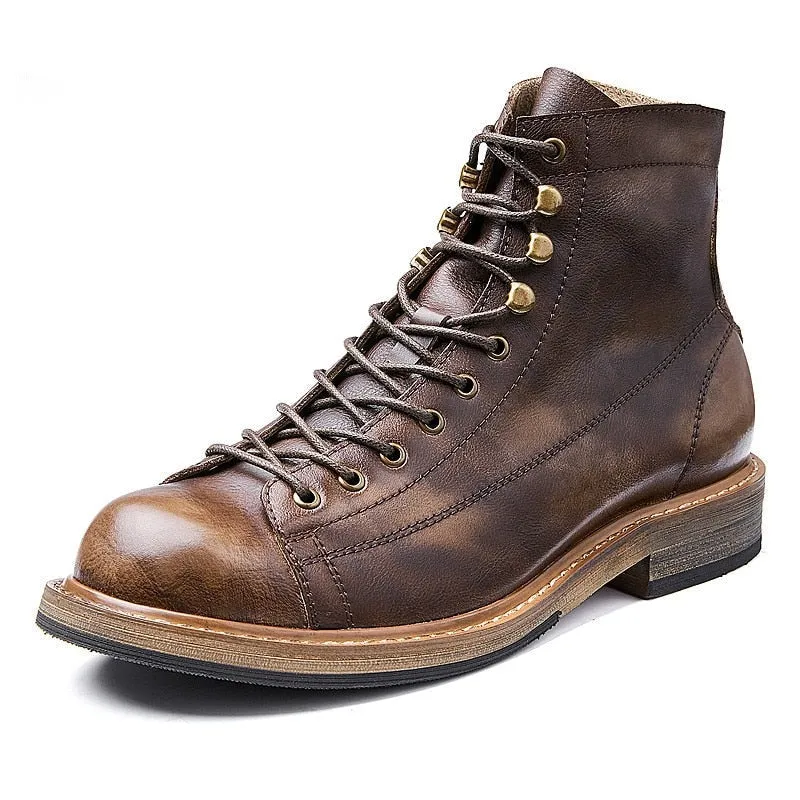 Hnzxzm Retro Big Round Toe Men's Work Boots British Style Cool Leather Lace Up Man Autumn Winter Casual Shoes