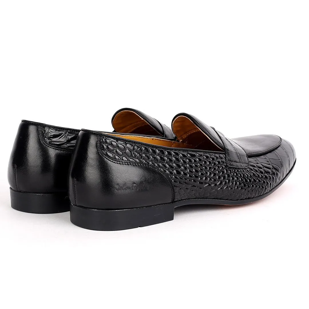 John Foster Croc Skin Single  Belt Designed Men's Shoe  -Black