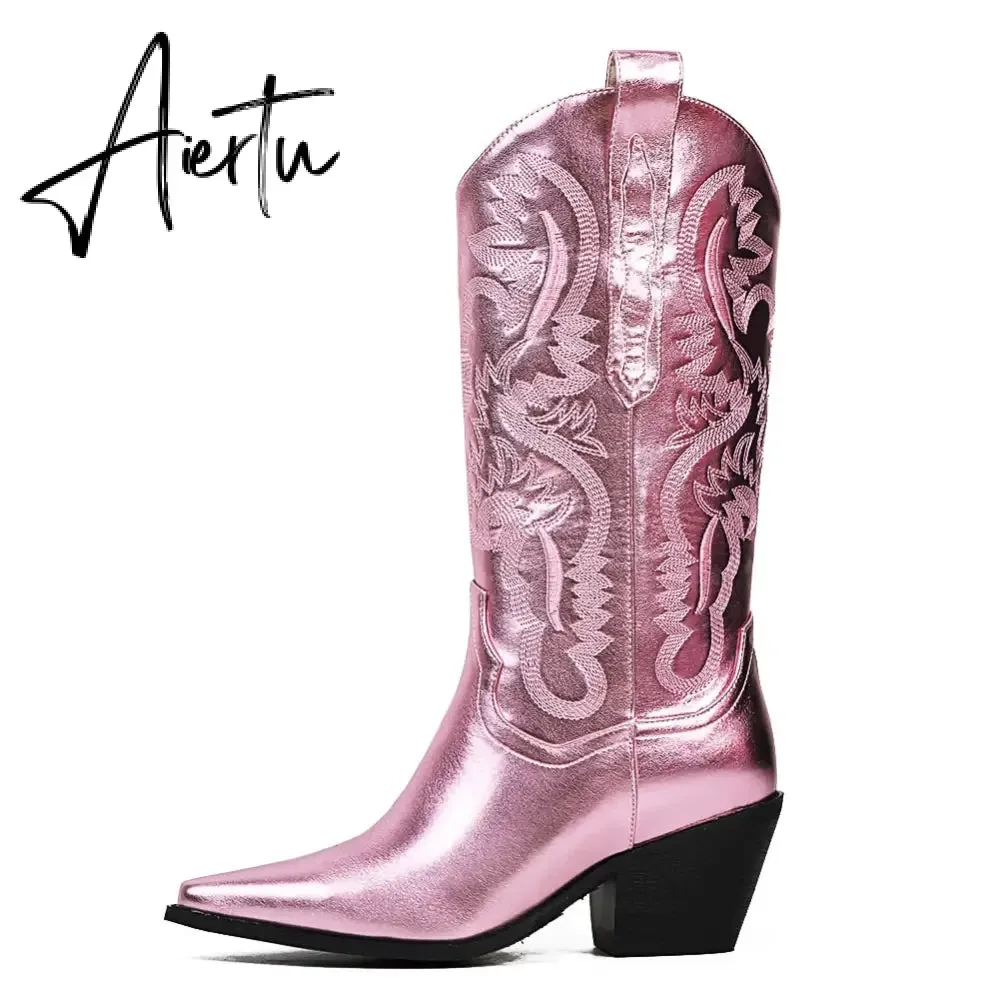 Metallic Cowboy Boots Pink Western Cowgirls Boots For Women Pointed Toe Stacked Heeled Mid Calf Brand Design Embroideried Shoes