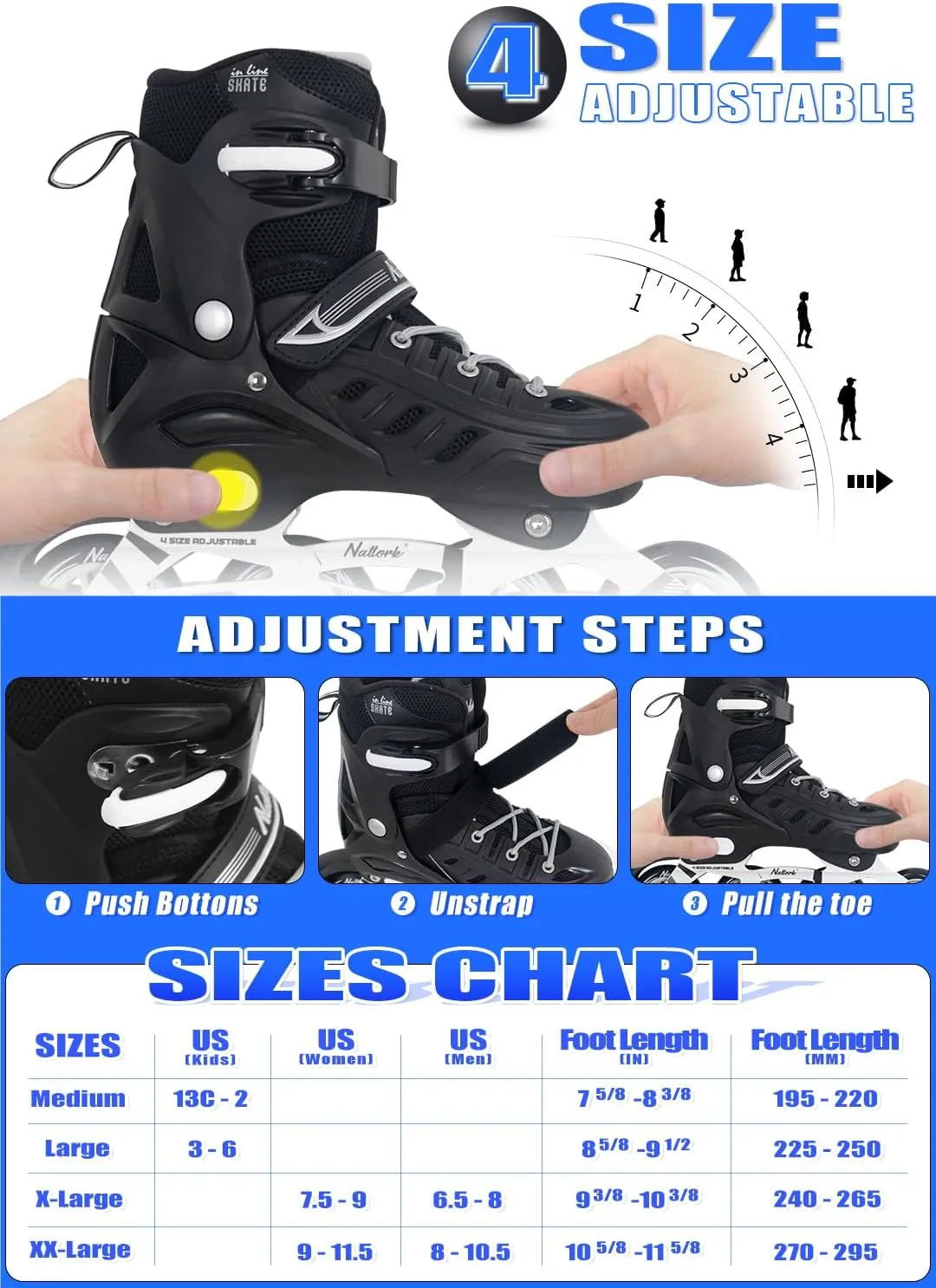 Nattork Adjustable Inline Skates For Adults Black