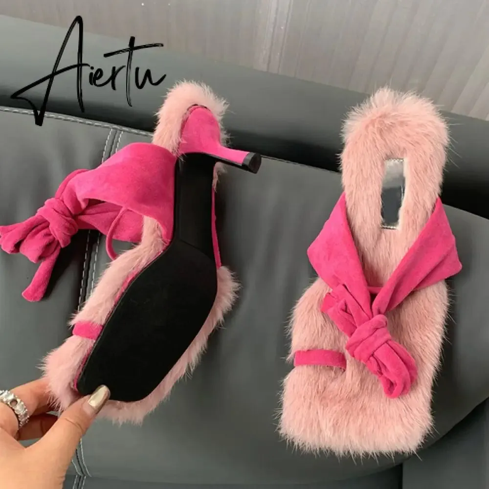 New Brand Chic Fluorescent green Plush Fur Fuzzy Sandals Women Low Thin Heels Fashion Clip Toe Ankle Lace Up Slides Shoes