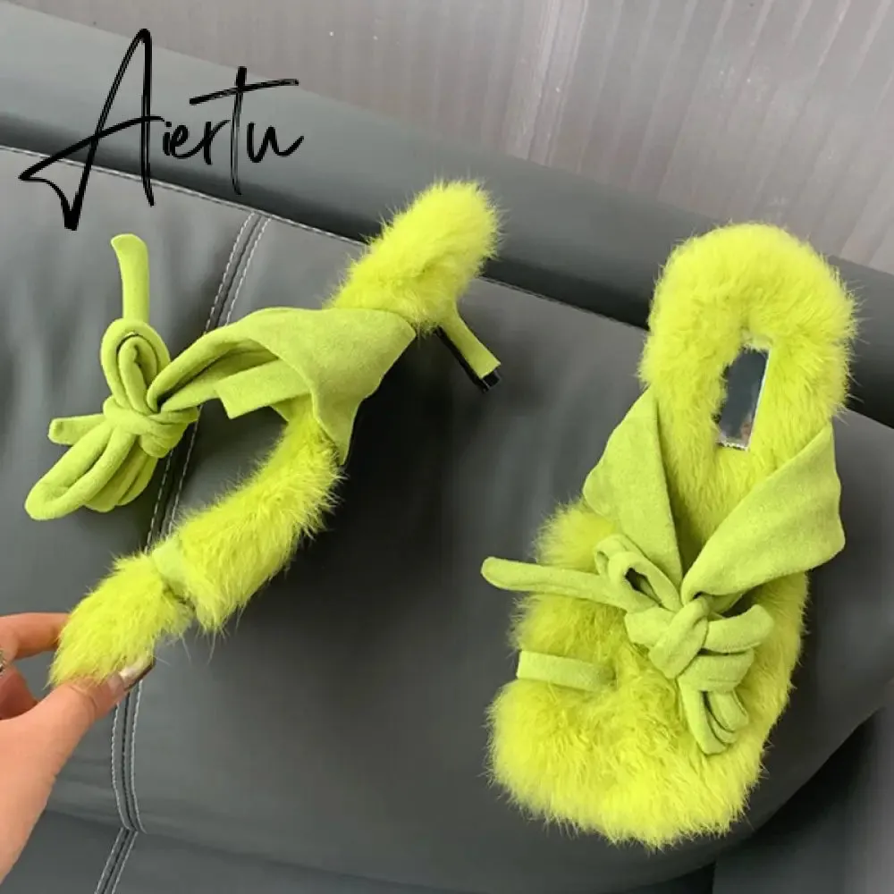 New Brand Chic Fluorescent green Plush Fur Fuzzy Sandals Women Low Thin Heels Fashion Clip Toe Ankle Lace Up Slides Shoes